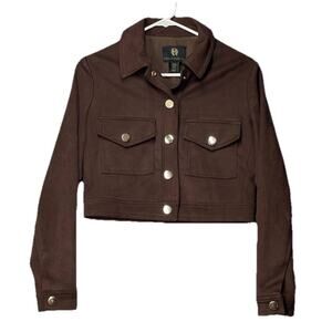 House Of Harlow 1960 Brown Microsuede Cropped Button Front Trucker Jacket XS